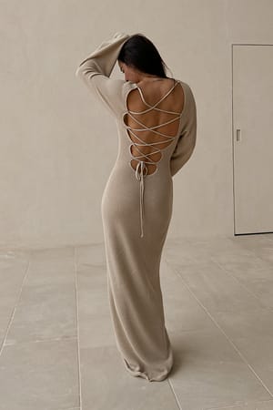Beige Open Back Lace Detail Knitted Maxi Dress