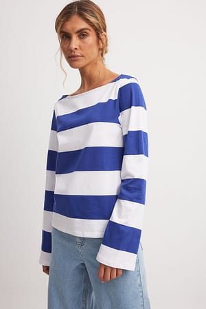 Blue/White Stripe Long Sleeve Boat Neck Cotton Top