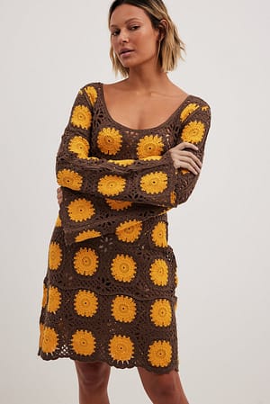 Brown Multi Long Sleeve Crochet Knitted Mini Dress