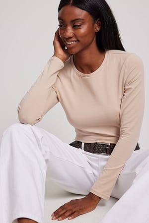 Beige Long Sleeve Fitted Top