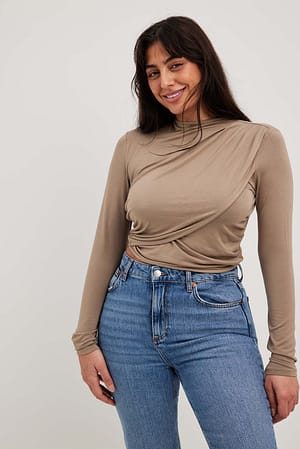 Taupe Langärmeliges Jersey-Top