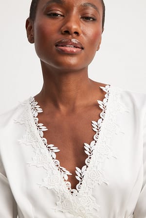 White Long Sleeve Lace Detail Top