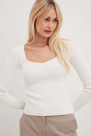 Off White Long Sleeve Ribbed Top