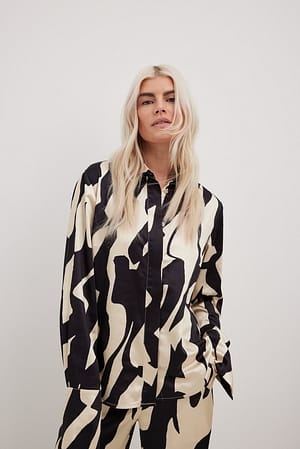Abstract Zebra black Long Sleeve Satin Shirt