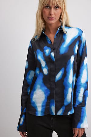 Light Blue Print Long Sleeve Satin Shirt