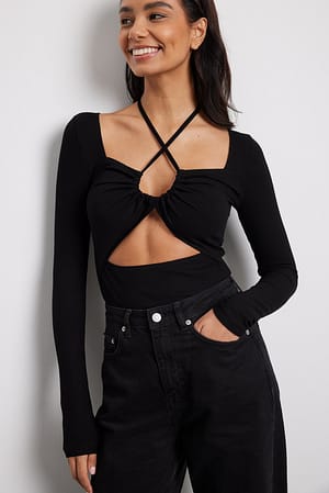 Black NA-KD Party Long Sleeve Strappy Front Top