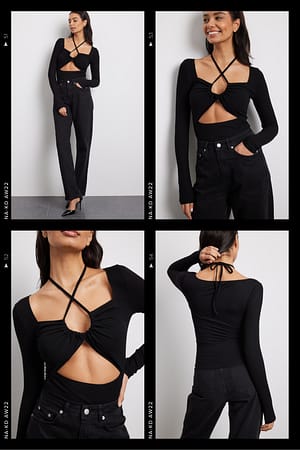 Black Long Sleeve Strappy Front Top