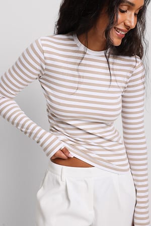 Beige/White Long Sleeve Striped Fitted Top