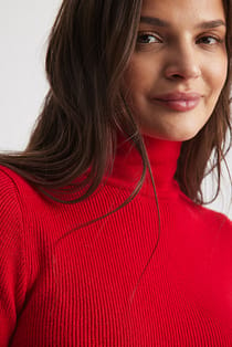 Long Sleeve Turtleneck Ribbed Knitted Top Red | NA-KD