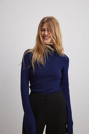 Navy Long Sleeve Turtleneck Ribbed Knitted Top