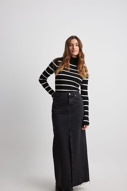 Black Stripe Long Sleeve Turtleneck Ribbed Knitted Top