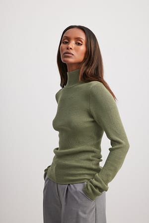 Khaki Long Sleeve Turtleneck Ribbed Knitted Top
