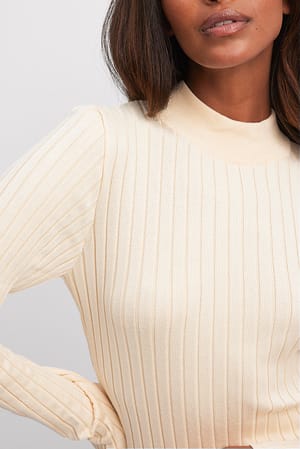 Light Beige Long Sleeve Wide Ribbed Knitted Top