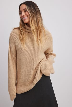 Beige Long Turtle Neck Knitted Sweater