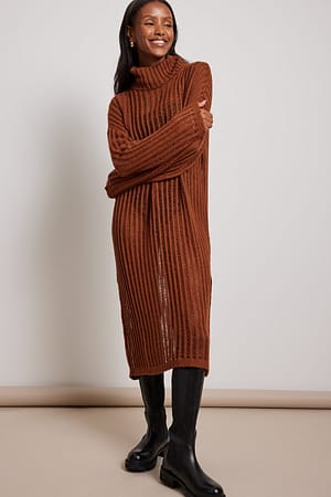 Rust Loose Knitted Turtle Neck Maxi Dress