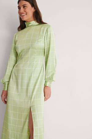 Green Print satynowa sukienka zasłaniająca szyję