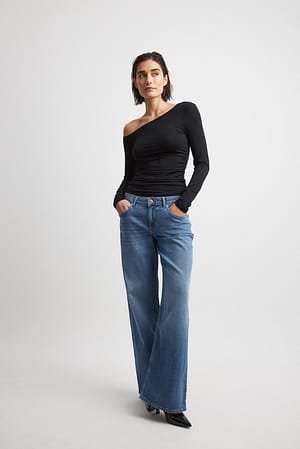 Mid Blue Jeans wide leg de cintura baixa
