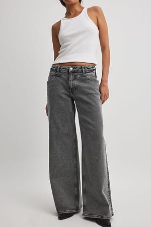 Grey Low Waist Wide Leg Jeans with Seam Details