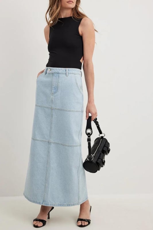 How to Style Denim Maxi Skirts | Breathing Lavender - Fashion and Lifestyle  Blog | Maxi skirt outfits, Denim fashion, Long denim skirt