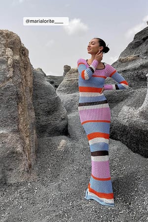 Multi Stripe Crochet Knitted Long Dress