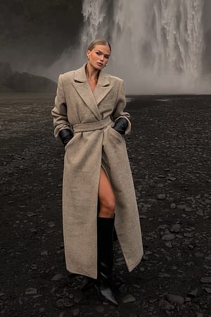 Feather grey Marked Shoulder Belted Maxi Coat