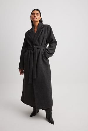 Black Marked Shoulder Belted Maxi Coat
