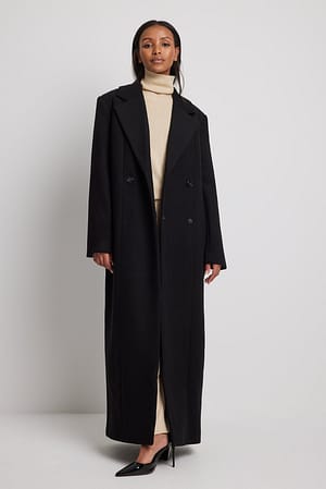 Black Marked Waist Wool Blend Maxi Coat