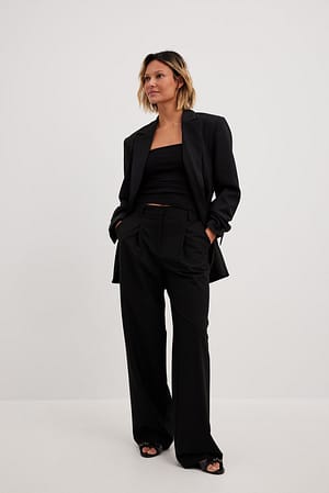 Black Melange-Anzughose mit hoher Taille und Bundfalten