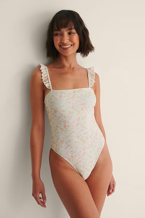 Pink Flower Recycled Ruffle Strap Swimsuit
