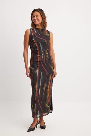 Abstract Print Mesh Draped Midi Dress