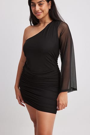 Black Sukienka mini odsłaniająca jedno ramię z siateczką