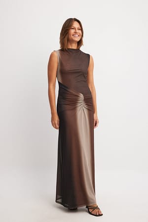 Brown/Offwhite Mesh Sleeveless Maxi Dress