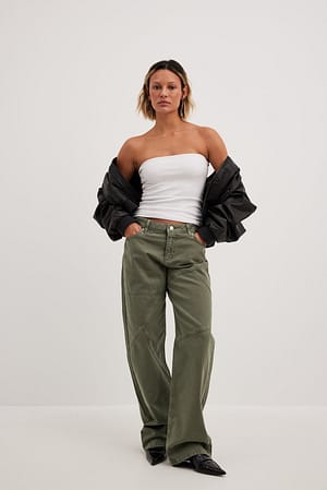 Khaki Mid Waist Loose Jeans with Seam Details