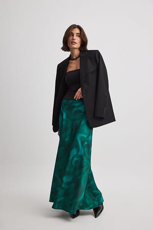 Aquarelle Green Print Mid Waist Maxi Satin Skirt