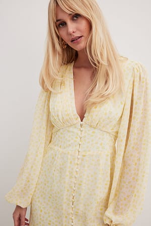 Small Yellow Flowers Buttons Front Midi Dress