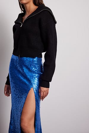 Blue Midi Slit Detail Sequin Skirt