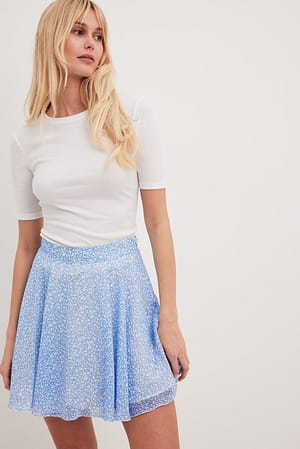 White/Blue Flowers Mini Chiffon Skirt