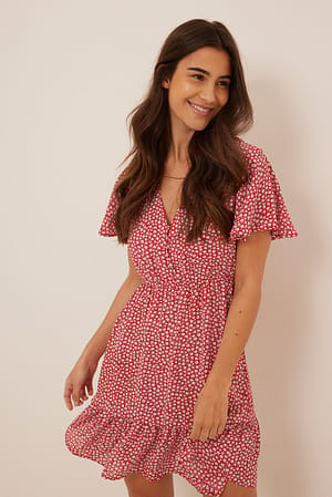 Red Mini Printed Buttoned Dress