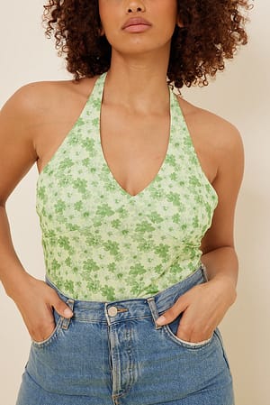 Green Flower Print Koszulka bez rękawów z kołnierzem za szyję