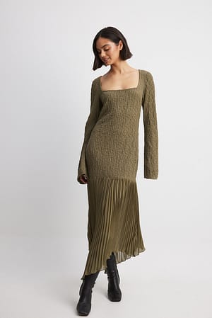 Taupe Mixed Quality Pleated Midi Dress