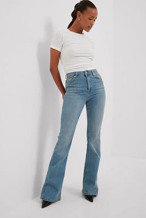 Mid Blue Flared High Waist Stretch Jeans