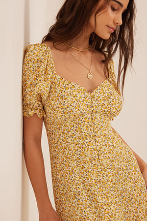 Yellow Print Mini-Prairie-Kleid mit Knöpfen