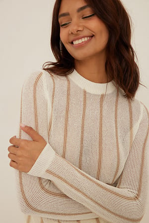 Beige/White Long Sleeved Striped Sweater