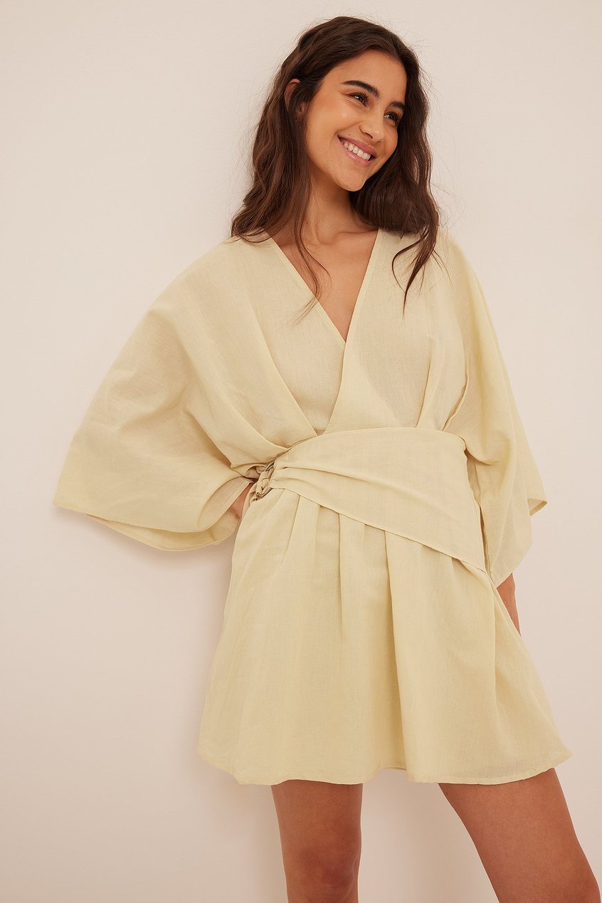 Robes Robes avec ceinture | Robe portefeuille en lin nouée à la taille - CG10801