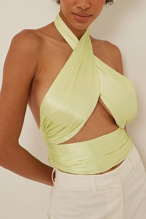 Green Pleated Tie Back Satin Top