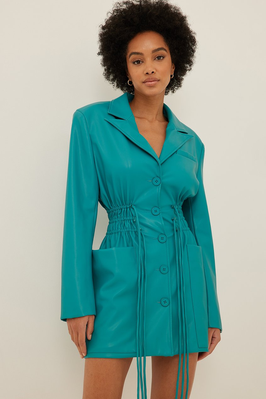 Robes Robes Manches Longues | Robe mini en faux cuir à grandes poches et cordon de serrage - RX23260