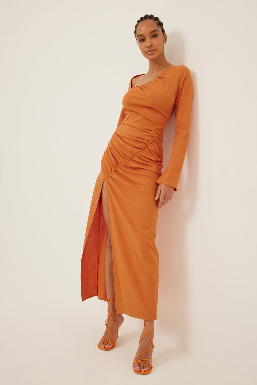 Vestidos Long Sleeve Maxi Dresses | Vestido maxi de lino con volantes - XN33621