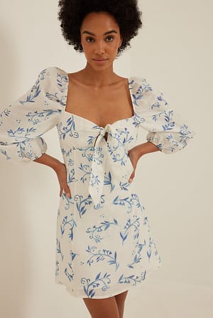 Blue/Paisly Print Tie Front Linen Mini Dress