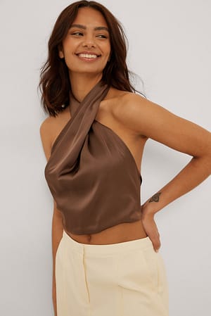 Brown Recycled Twist Front Satin Top