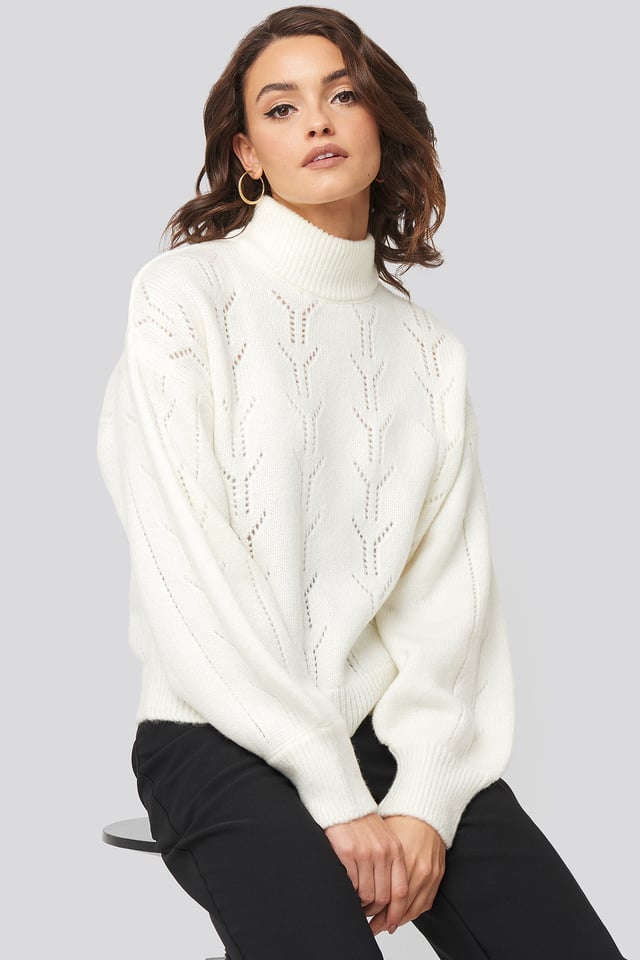 High Neck Balloon Sleeve Knitted Sweater White